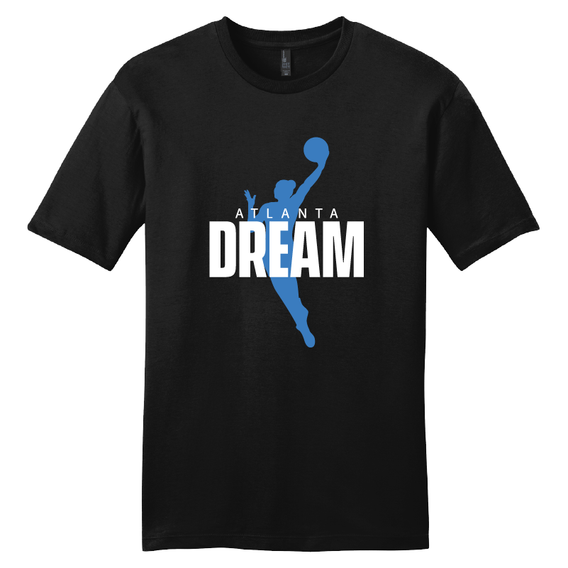 Black t-shirt featuring the Atlanta Dream logo with a movement silhouette graphic in blue. The graphic shows the word "ATLANTA" above a player in action, with the word "DREAM" in bold white letters underneath. The t-shirt is made of high-quality cotton for a comfortable fit, available in two colorways—blue or red.