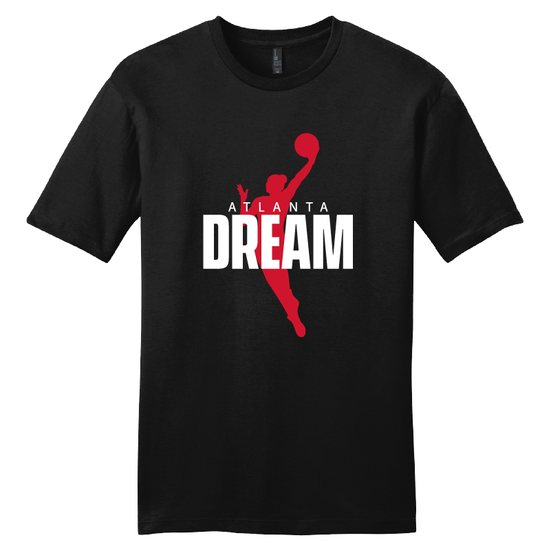 Black t-shirt featuring the Atlanta Dream logo with a movement silhouette graphic in red. The graphic shows the word "ATLANTA" above a player in action, with the word "DREAM" in bold white letters underneath. The t-shirt is made of high-quality cotton for a comfortable fit, available in two colorways—blue or red.