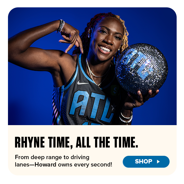 Promotional banner featuring WNBA player Rhyne Howard smiling and flexing her arm while holding a sparkling, rhinestone-covered basketball with “ATL” on it. She wears the Atlanta Dream Nike Rebel Edition jersey. The headline reads “RHYNE TIME, ALL THE TIME.” with subtext “From deep range to driving lanes—Howard owns every second!” A blue “Shop” button appears below, inviting fans to purchase Atlanta Dream gear.