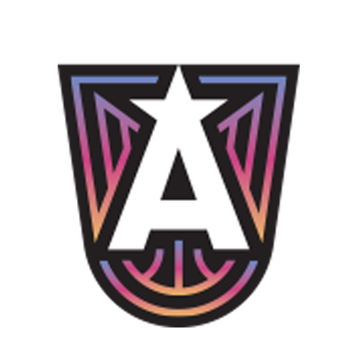 Atlanta Dream logo featuring a bold white “A” with a star at the top center, set against a black shield background with gradient accents in pink, purple, and orange. The lower portion of the design subtly forms the lines of a basketball. The text “ATLANTA DREAM” appears above the shield in all caps.
