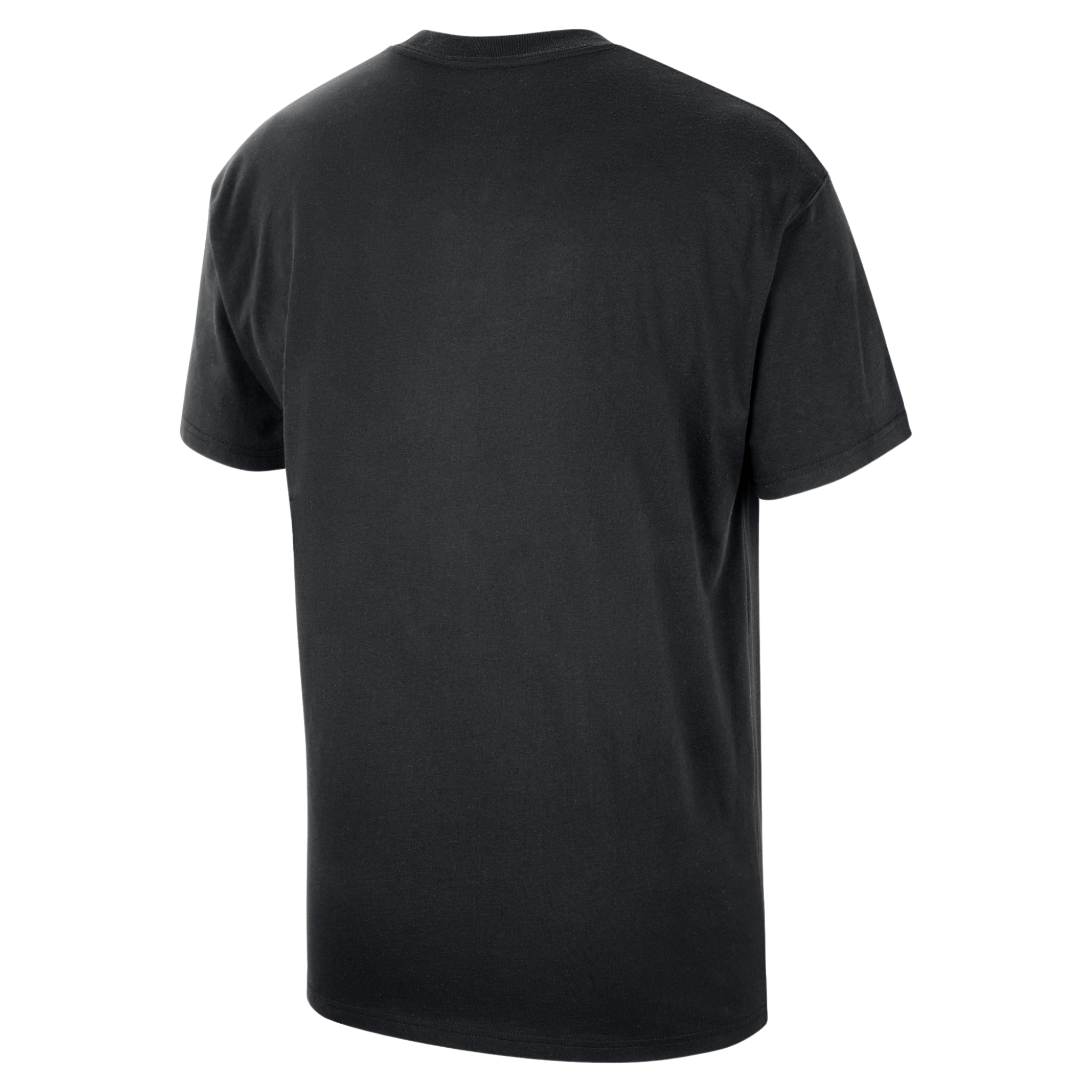 back of nike team 13 premium essentials. Front of tee is Black Nike t-shirt featuring a centered design with the orange WNBA logo at the top, an orange Nike swoosh below it, and a bold orange-outlined “W” symbol beneath. The shirt has a classic crew neck and short sleeves, highlighting its sleek, minimalist design.