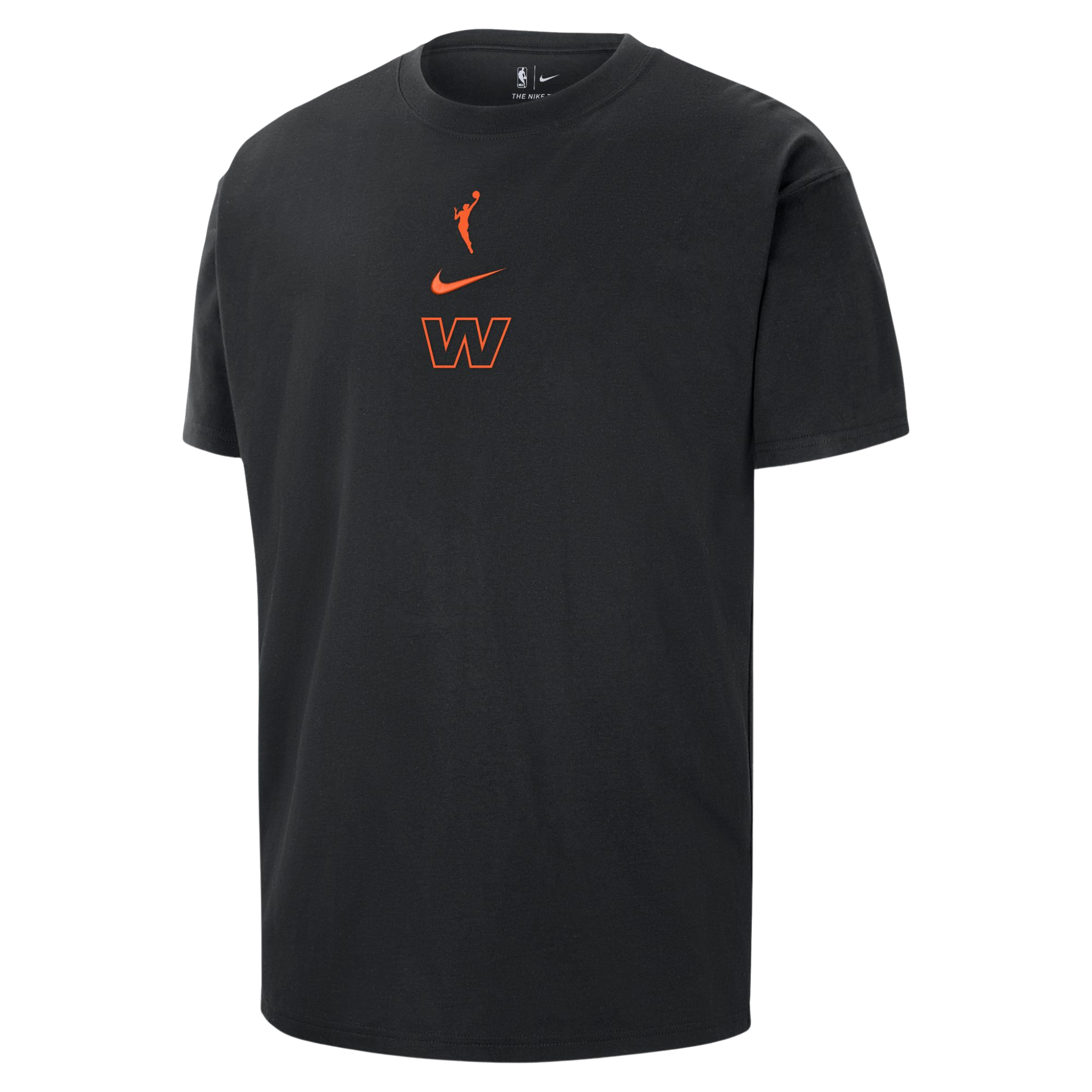 Black Nike t-shirt featuring a centered design with the orange WNBA logo at the top, an orange Nike swoosh below it, and a bold orange-outlined “W” symbol beneath. The shirt has a classic crew neck and short sleeves, highlighting its sleek, minimalist design.