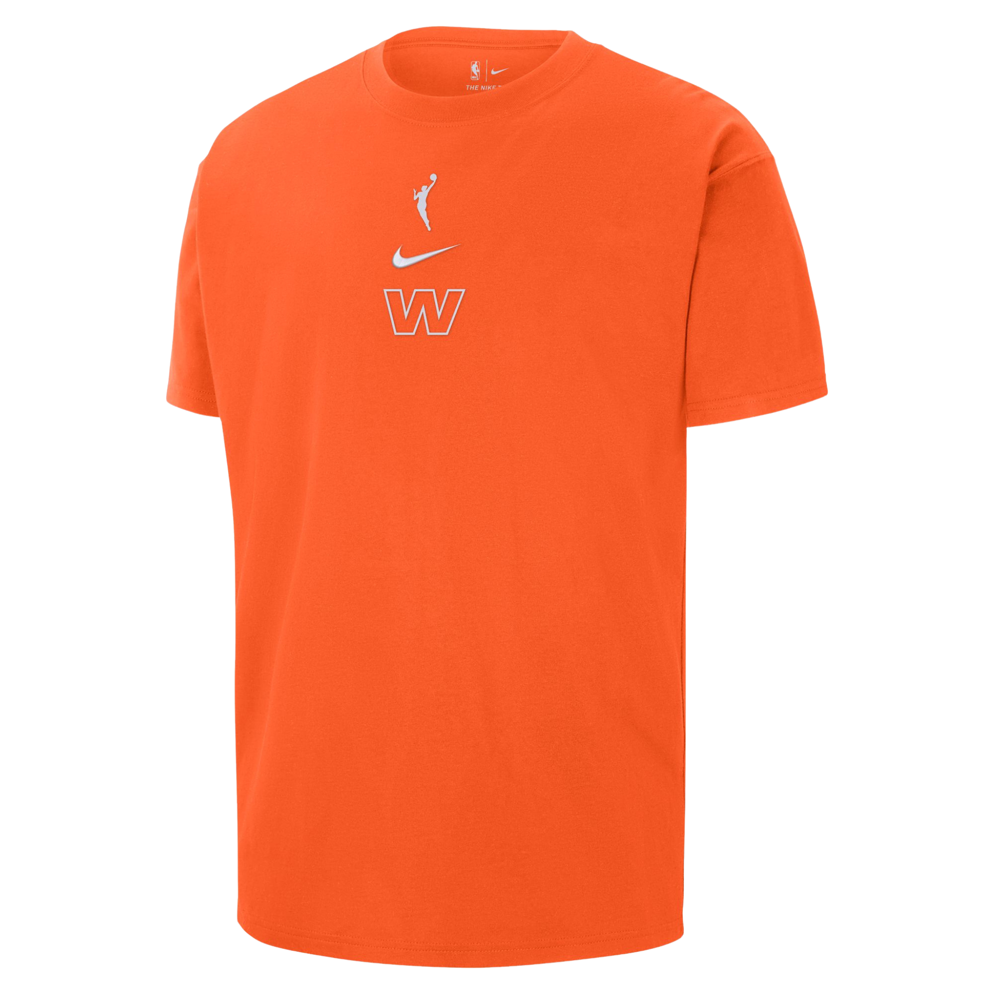 Orange Nike t-shirt featuring a minimalist, centered design with the white WNBA logo on top, a white Nike swoosh in the middle, and a bold white-outlined “W” below. The shirt has a classic crew neck and short sleeves, offering a clean and bold look that celebrates women’s basketball.







